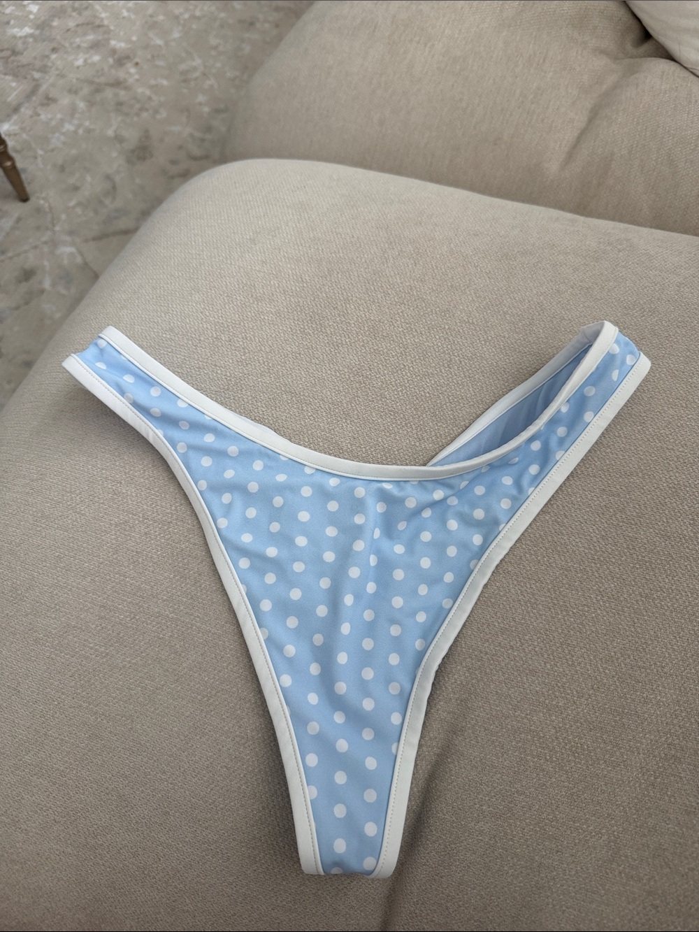 Polka Dot Light Blue Thong Bikini with White Trim